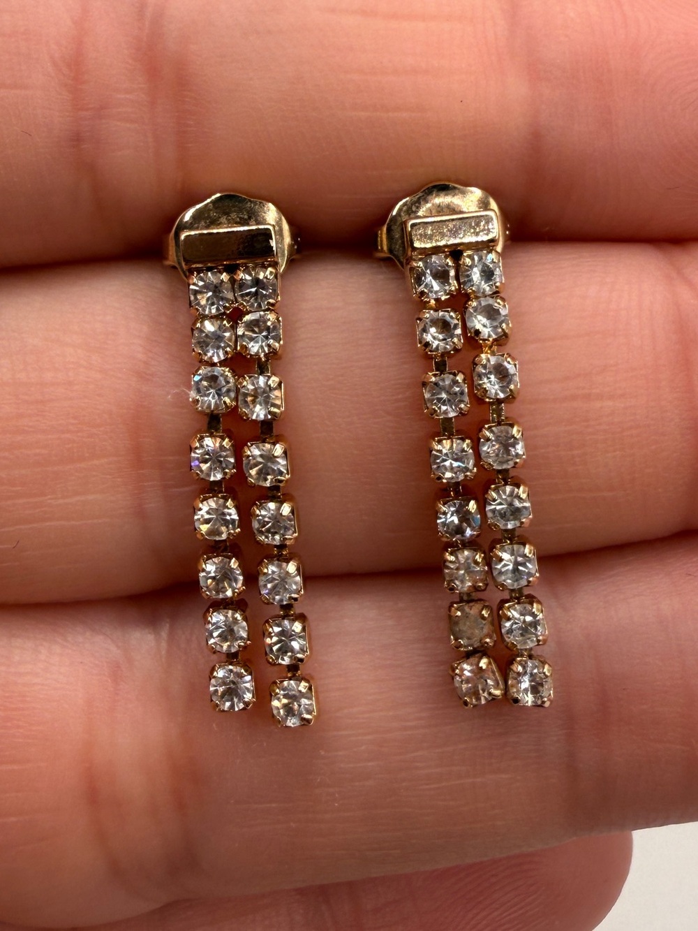 Vintage Avon Gold Tone and Rhinestone Strand Drop Earrings